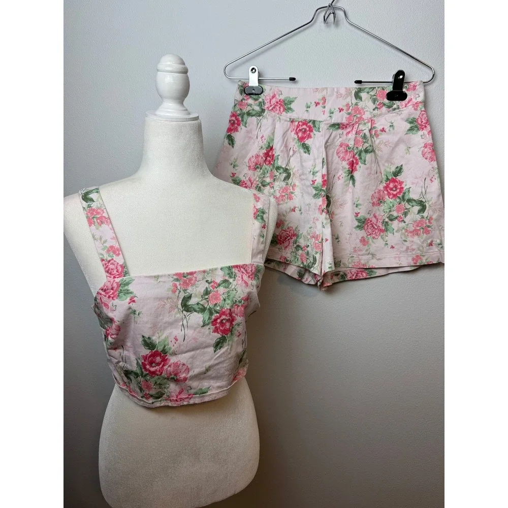 Pink Floral 2 Piece Set Crop Top and High Waisted Shorts Cottagecore Size XL